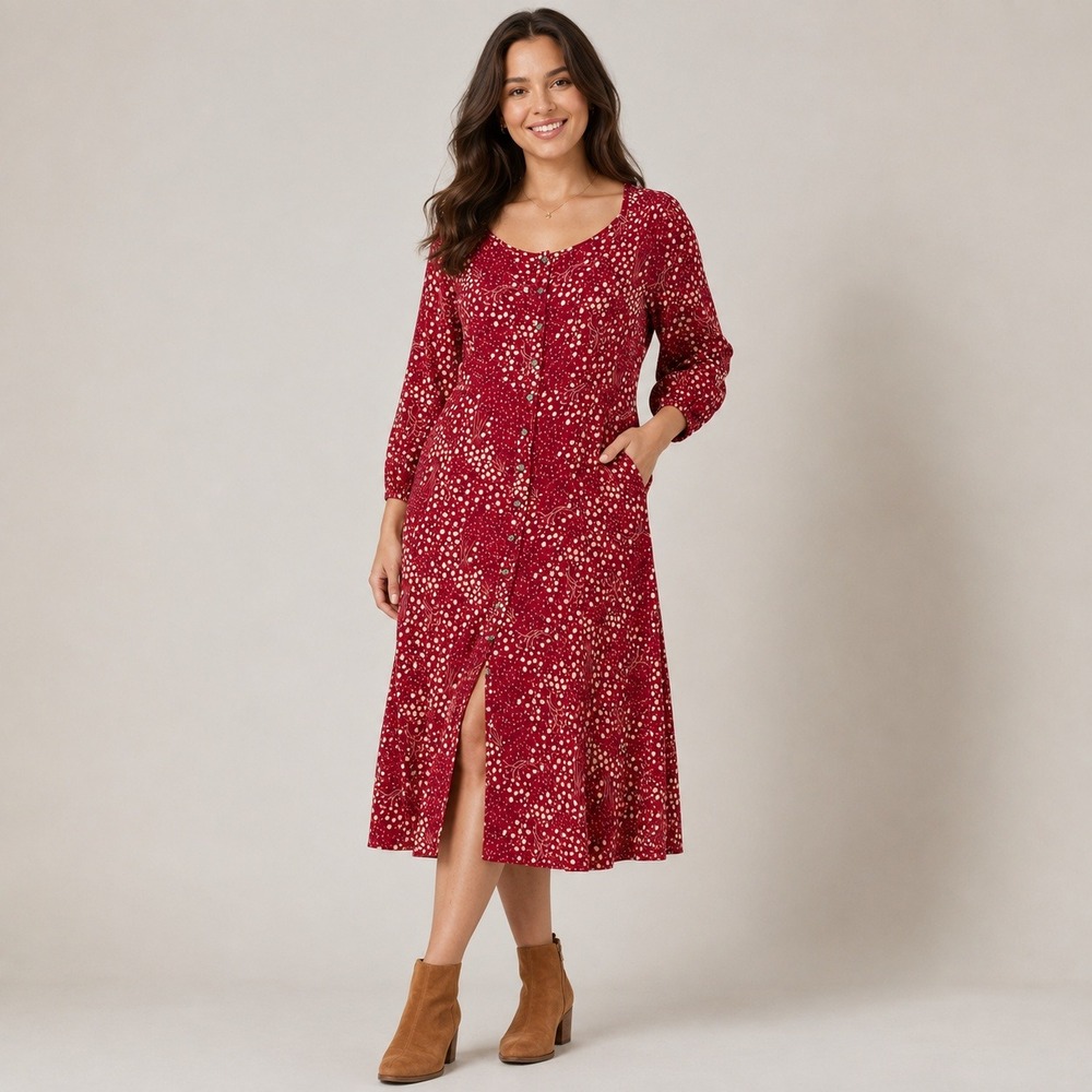 Toad&Co Organic Cotton Floral Midi Dress M Burgundy Button Up Boho Cottagecore
